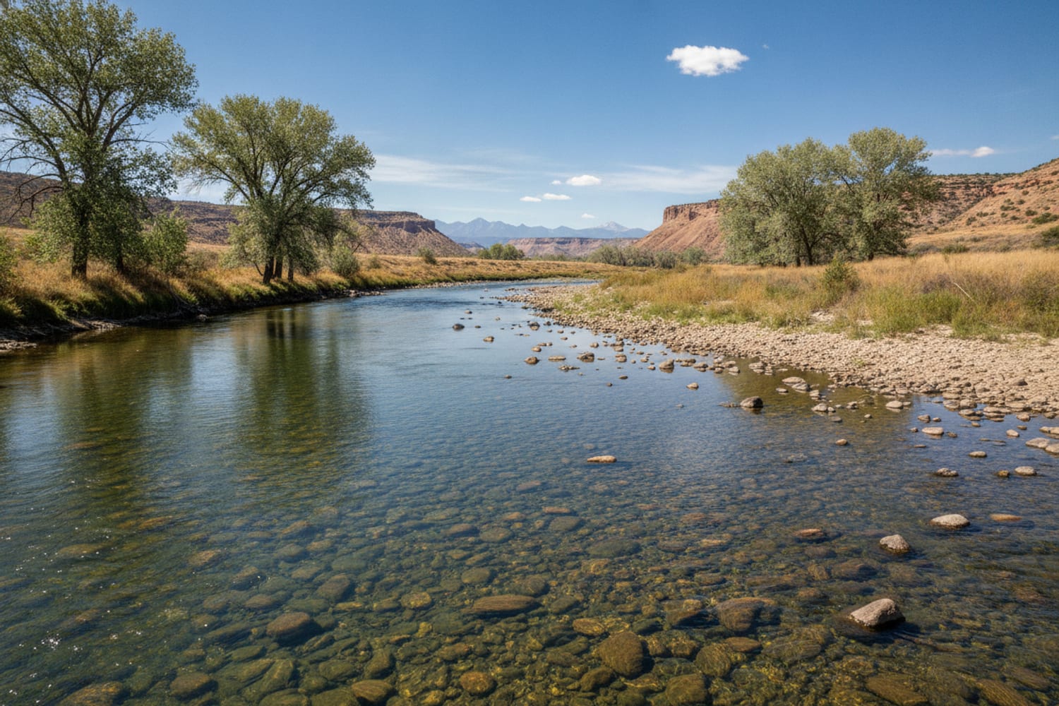 The Arkansas River tailwater below Pueblo on the open high plains, clear water over cobble, cottonwoods and arid bluffs