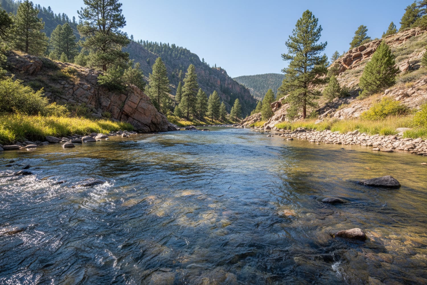 A clear South Platte tailwater run over cobble between low pine-dotted canyon slopes