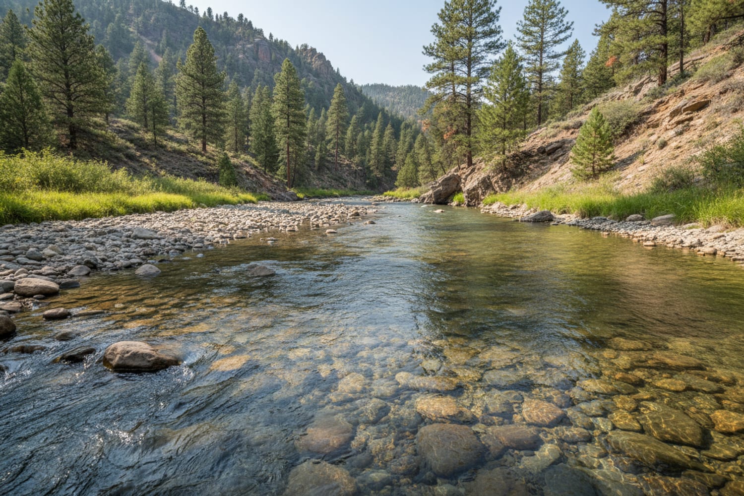A clear South Platte tailwater run over cobble between low pine-dotted canyon slopes