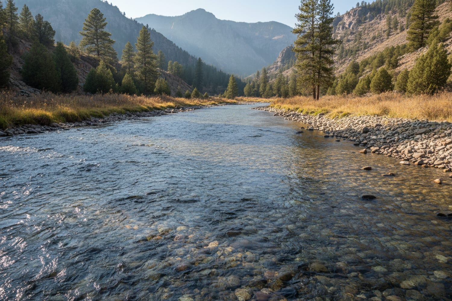 A clear South Platte tailwater run over cobble between low pine-dotted canyon slopes