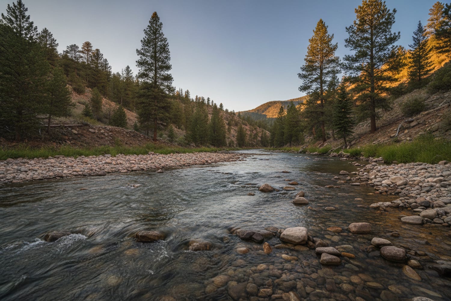 A clear South Platte tailwater run over cobble between low pine-dotted canyon slopes