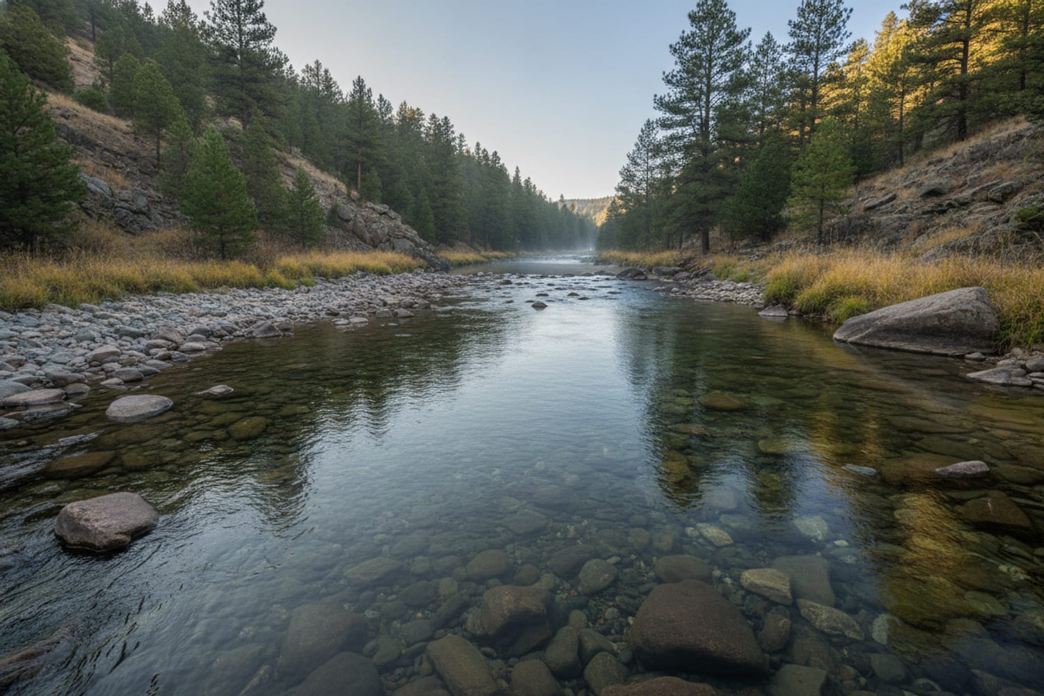 A clear South Platte tailwater run over cobble between low pine-dotted canyon slopes