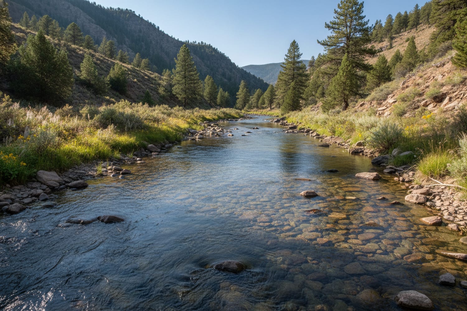A clear South Platte tailwater run over cobble between low pine-dotted canyon slopes