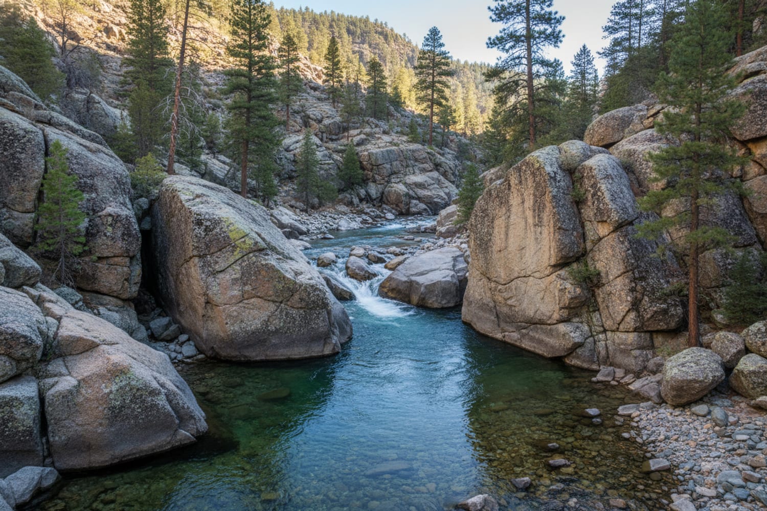 mountain river through a pine forest