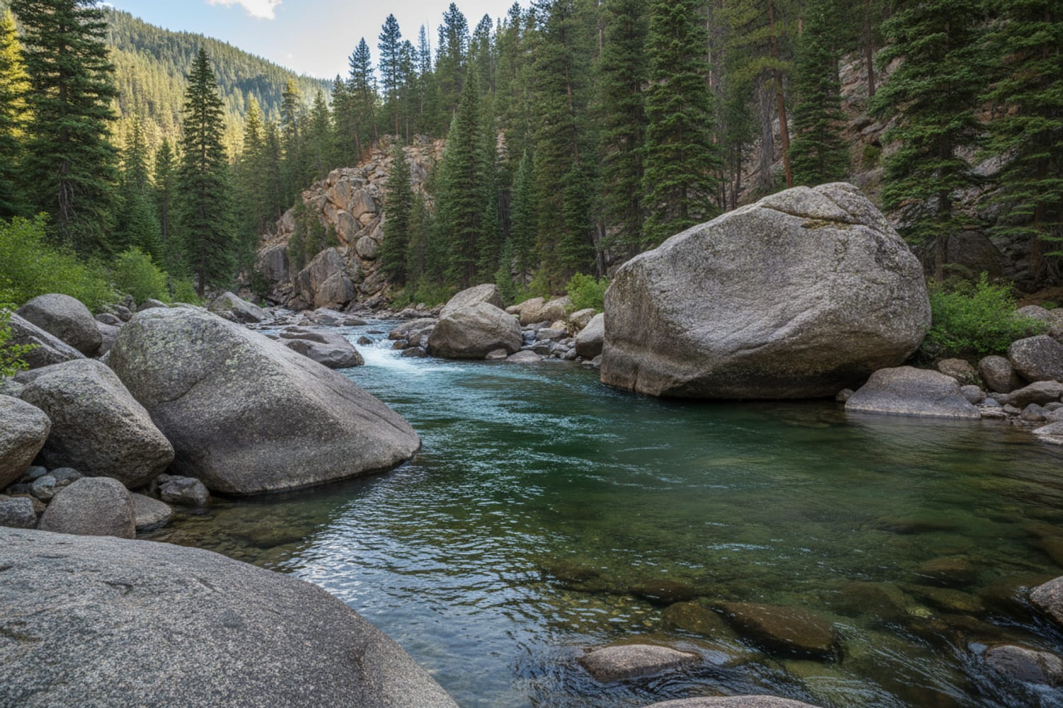 Cheesman Canyon on the South Platte, clear emerald pocket water between massive granite boulders and steep pine slopes