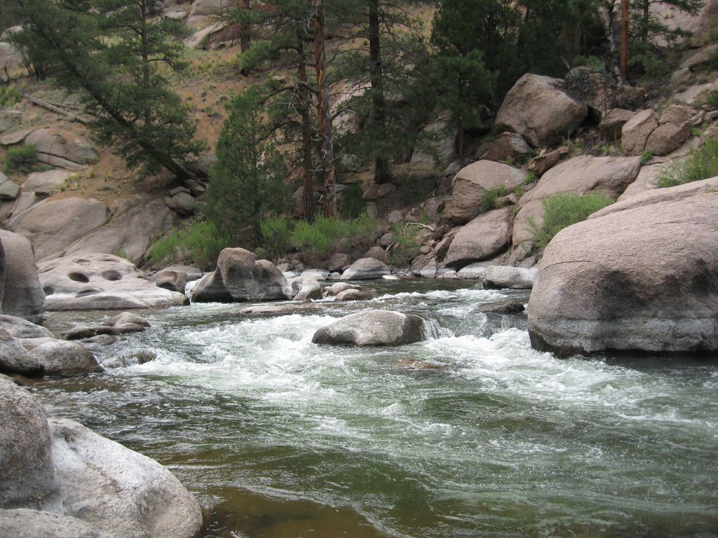 The South Platte breaking into whitewater around a mid-river boulder in Cheesman Canyon, granite and ponderosa lining both banks