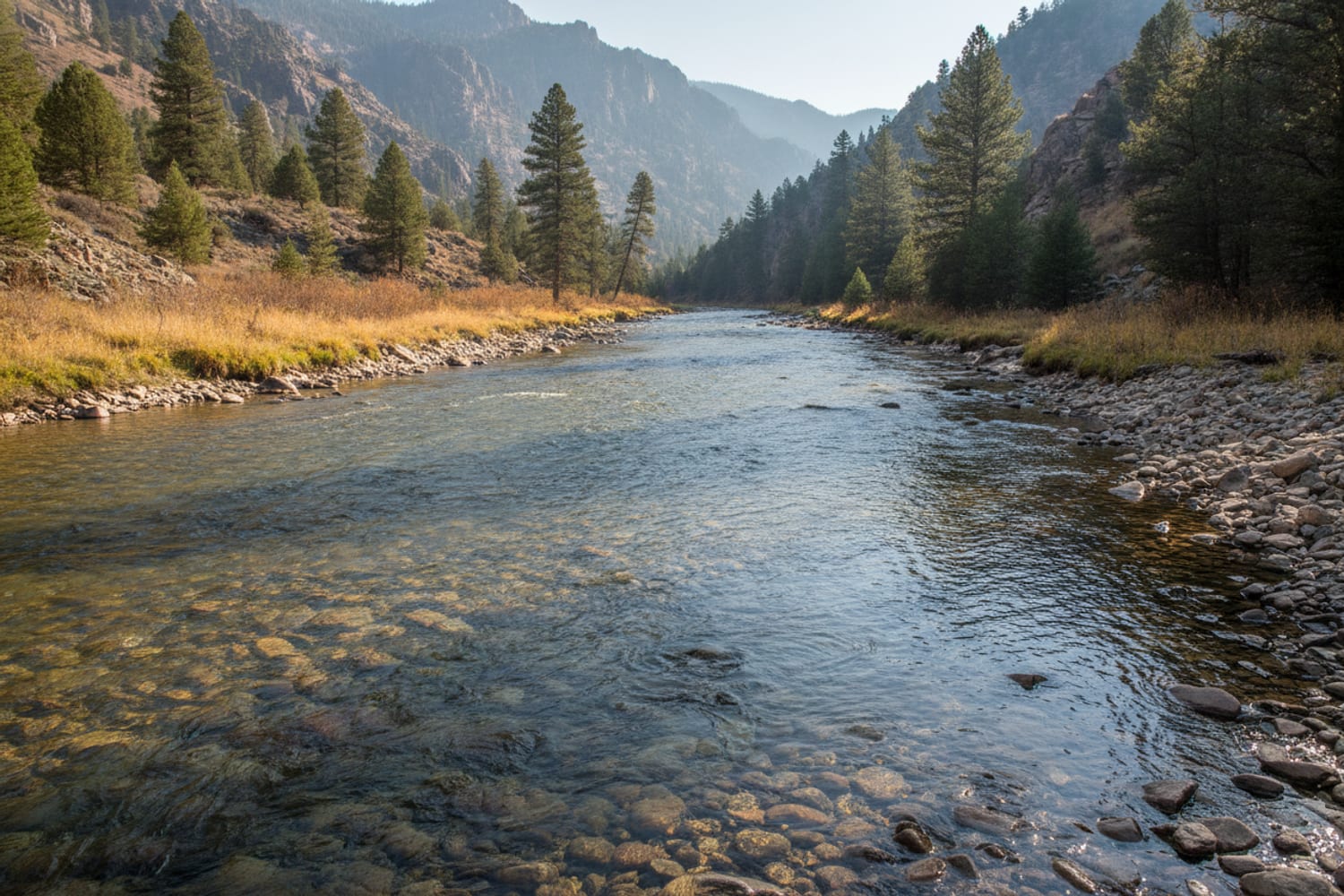 A clear South Platte tailwater run over cobble between low pine-dotted canyon slopes