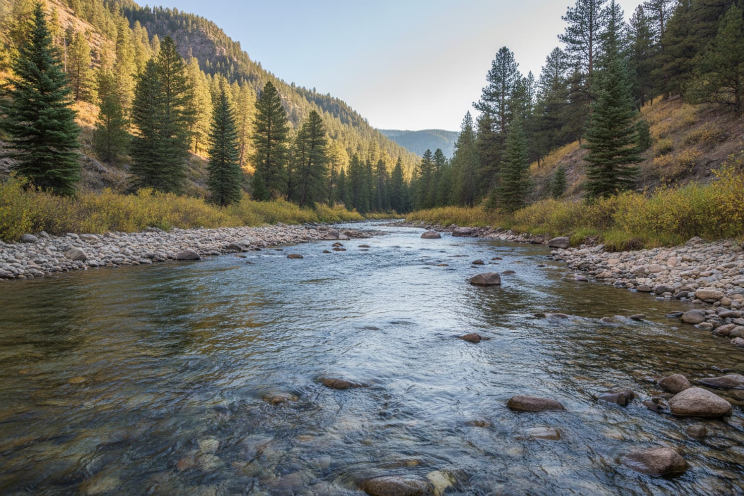 A clear South Platte tailwater run over cobble between low pine-dotted canyon slopes