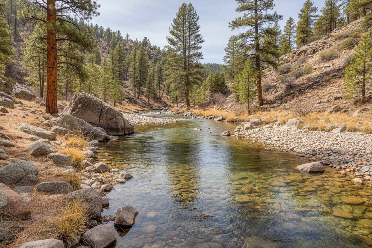 The South Platte at Deckers, a clear run between open ponderosa-pine canyon slopes and granite, gravel bars