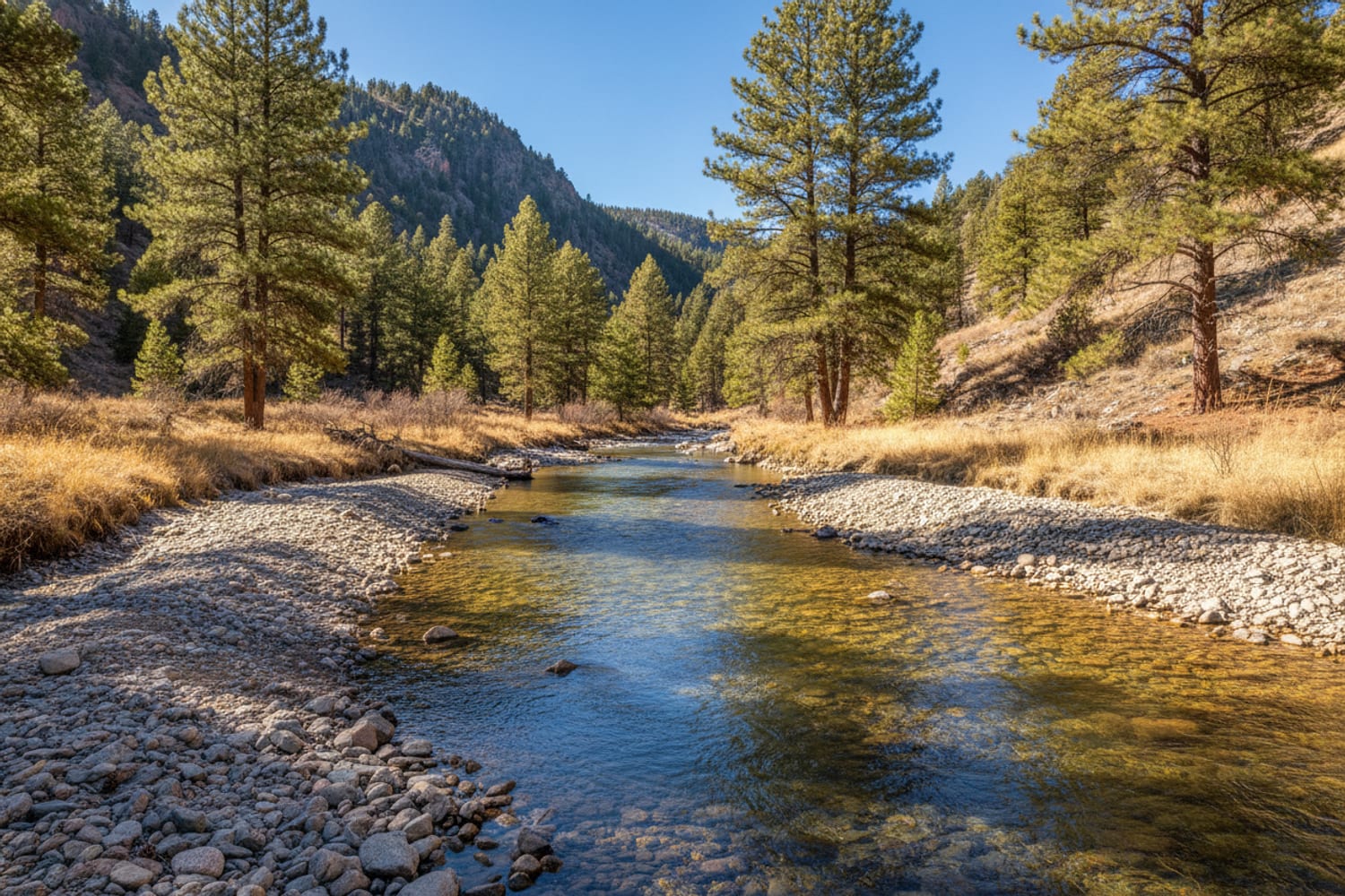 The South Platte at Deckers, a clear run between open ponderosa-pine canyon slopes and granite, gravel bars