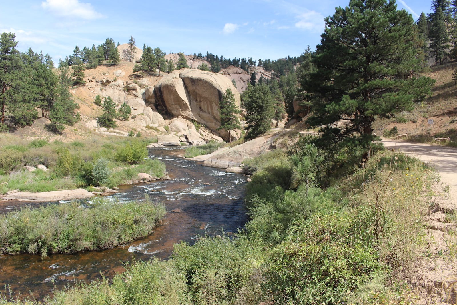 The South Platte at Deckers — the river running clear and broken over a shallow cobble bed, granite domes and ponderosa on the far hillside, the canyon road following the bank on the right