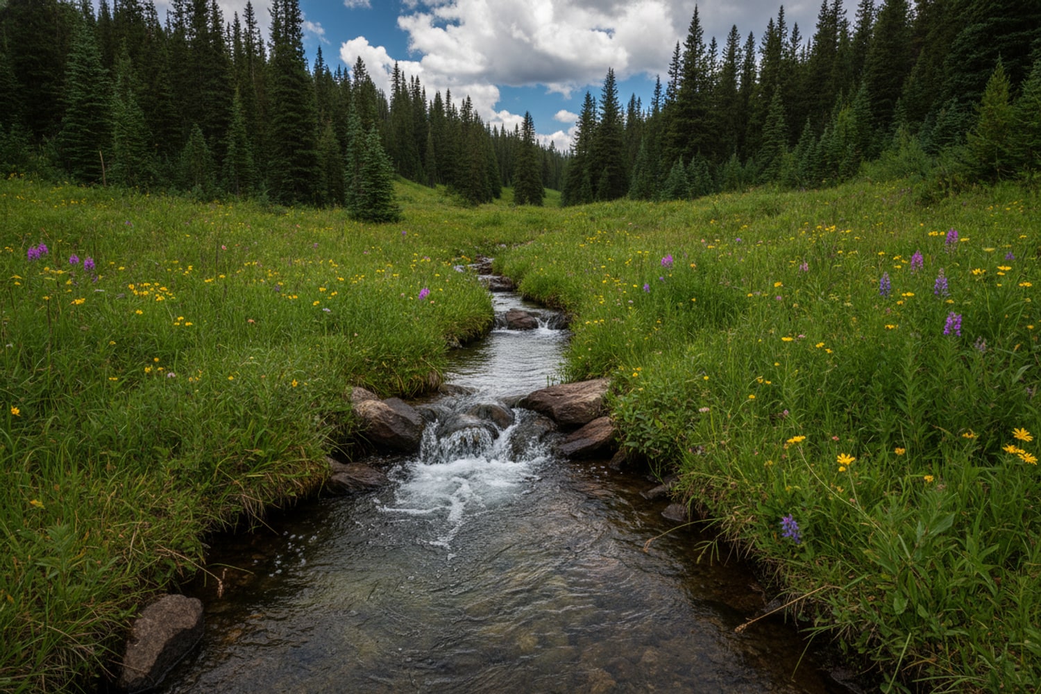 A small high-country creek winding through a green subalpine meadow of wildflowers in late summer — step-across water that stays cold all afternoon