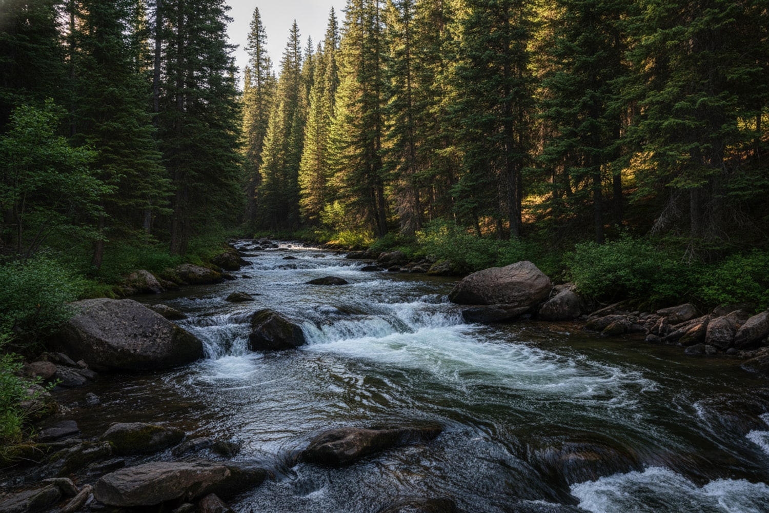 A cold high-country Colorado creek tumbling fast over dark rock in deep spruce shade in late summer