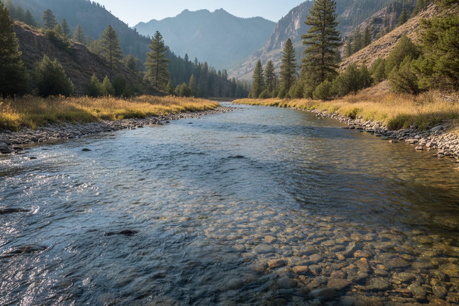 A clear South Platte tailwater run over cobble between low pine-dotted canyon slopes