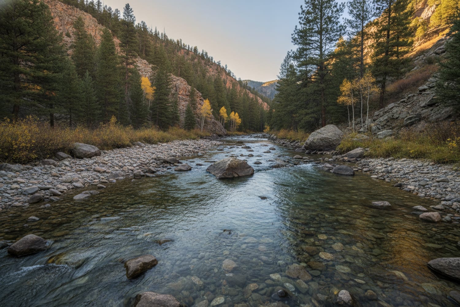 A clear South Platte tailwater run over cobble between low pine-dotted canyon slopes