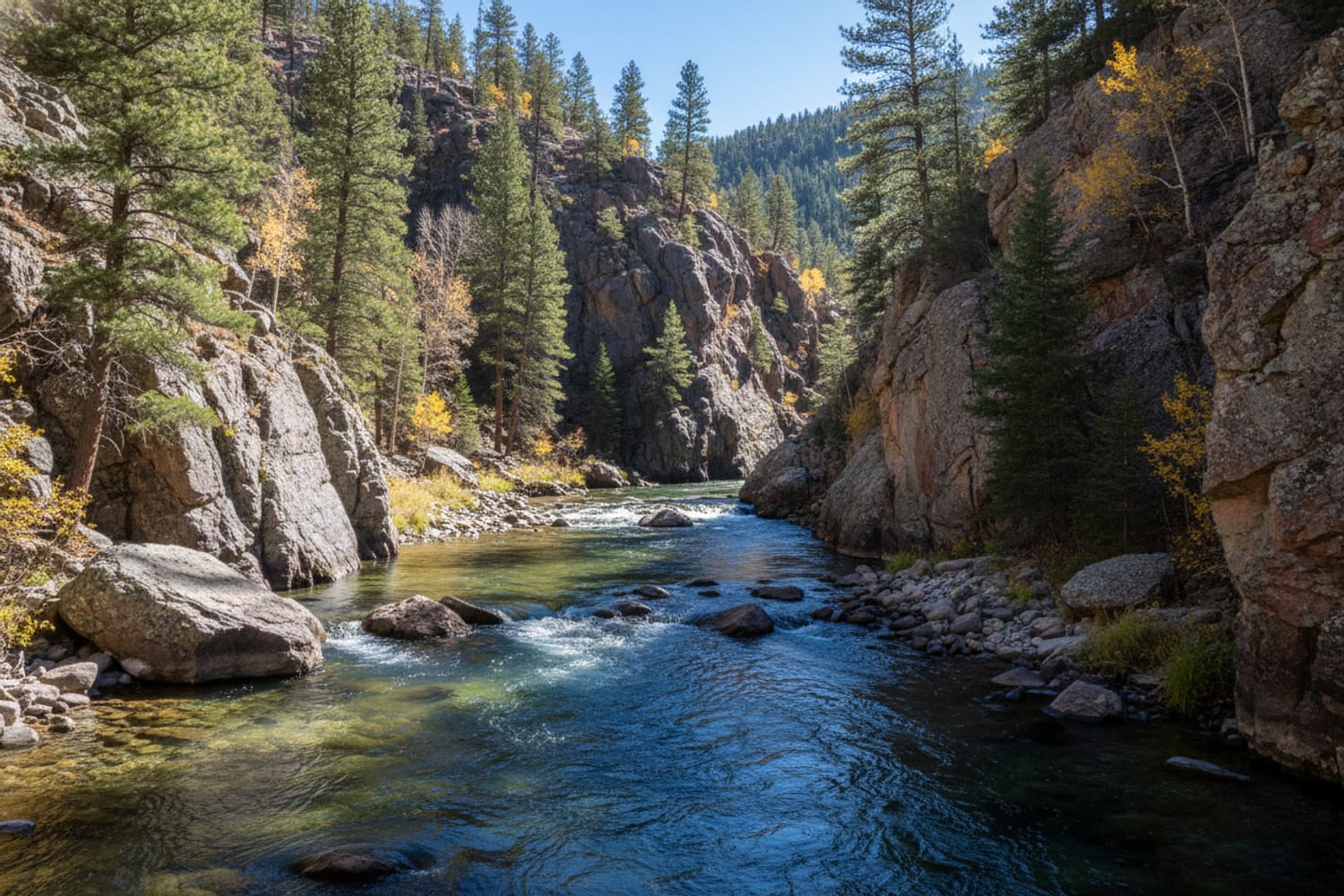 Eleven Mile Canyon, the clear South Platte threading a granite canyon with pines