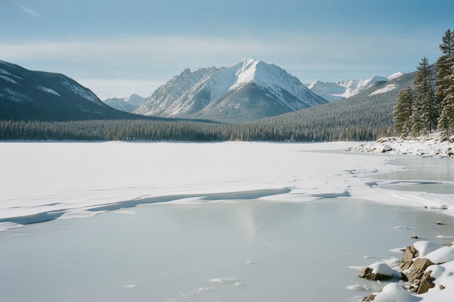 A frozen Colorado high-country reservoir in winter, wind-swept snow over thick ice, distant snowy pines and peaks