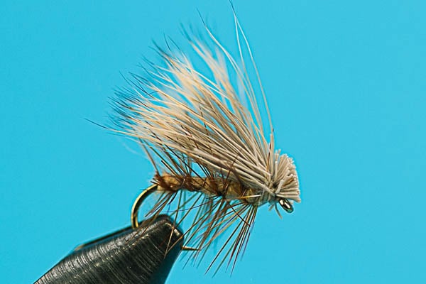 A tan Elk Hair Caddis dry fly — pale flared elk-hair wing tied tent-style over ginger palmered hackle and a tan dubbed body on a gold dry-fly hook