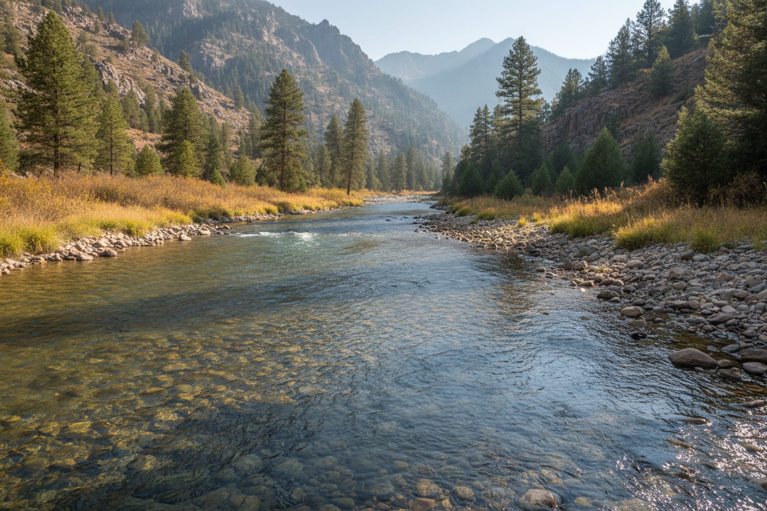 A clear South Platte tailwater run over cobble between low pine-dotted canyon slopes