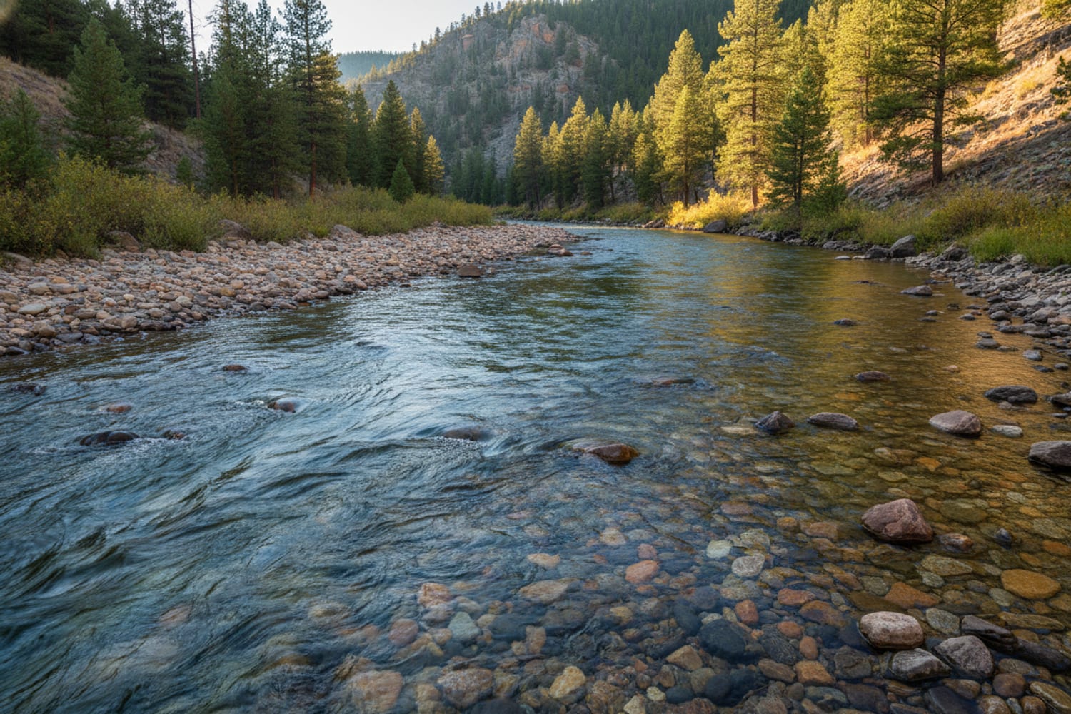 A clear South Platte tailwater run over cobble between low pine-dotted canyon slopes