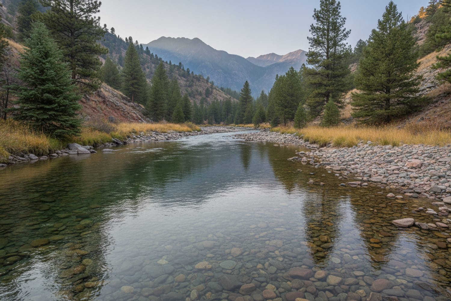 A clear South Platte tailwater run over cobble between low pine-dotted canyon slopes