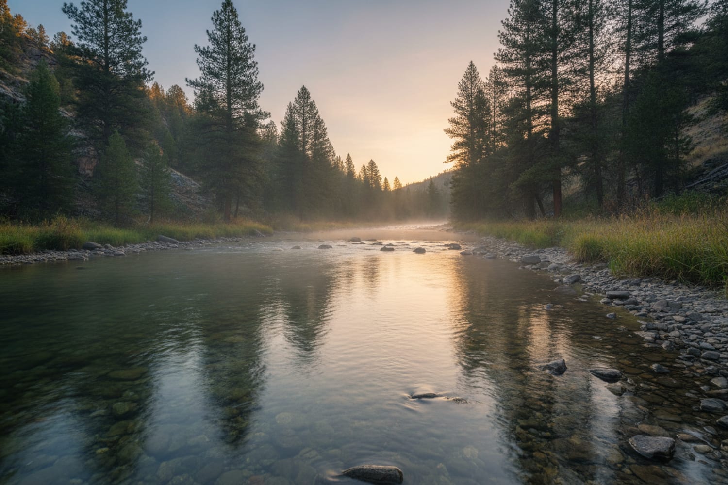 The South Platte at Deckers at first light, mist on the water before the crowds arrive