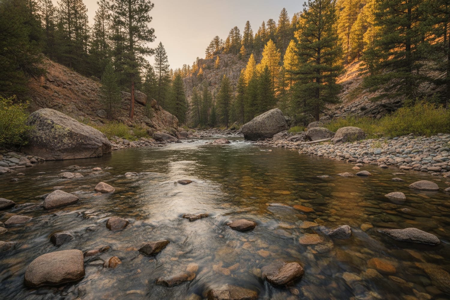 A clear South Platte tailwater run over cobble between low pine-dotted canyon slopes