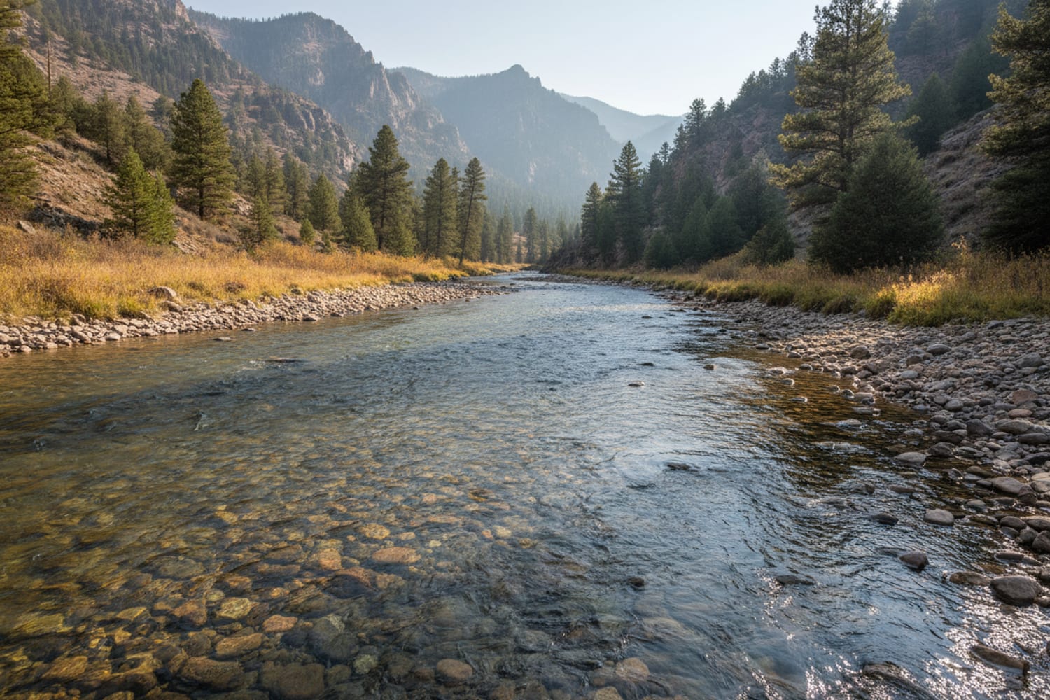 A clear South Platte tailwater run over cobble between low pine-dotted canyon slopes