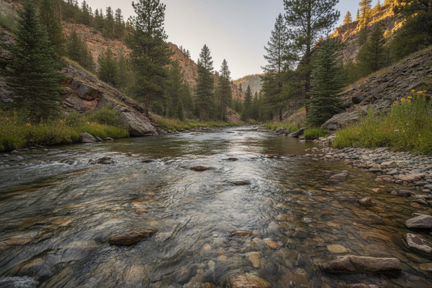 A clear South Platte tailwater run over cobble between low pine-dotted canyon slopes
