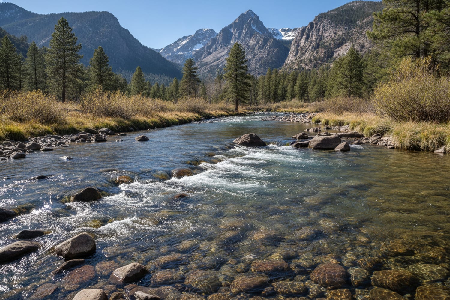 A clear South Platte run with defined seams — classic euro-nymph water
