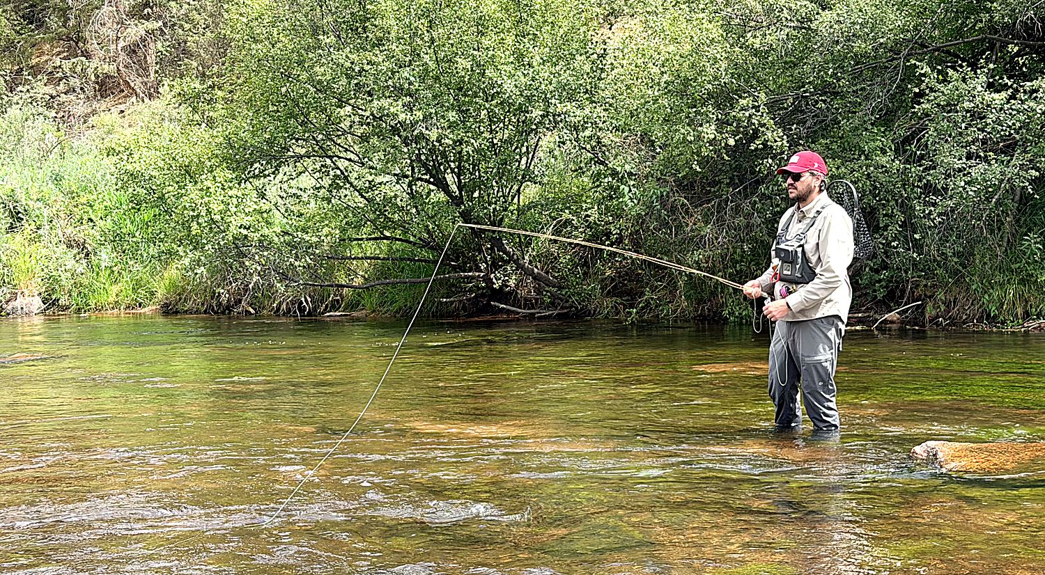 Me mid-cast on a clear South Platte run, the blonde Gallatin cane bent deep into the load — the slow, full flex you feel through the cork on a bamboo rod.