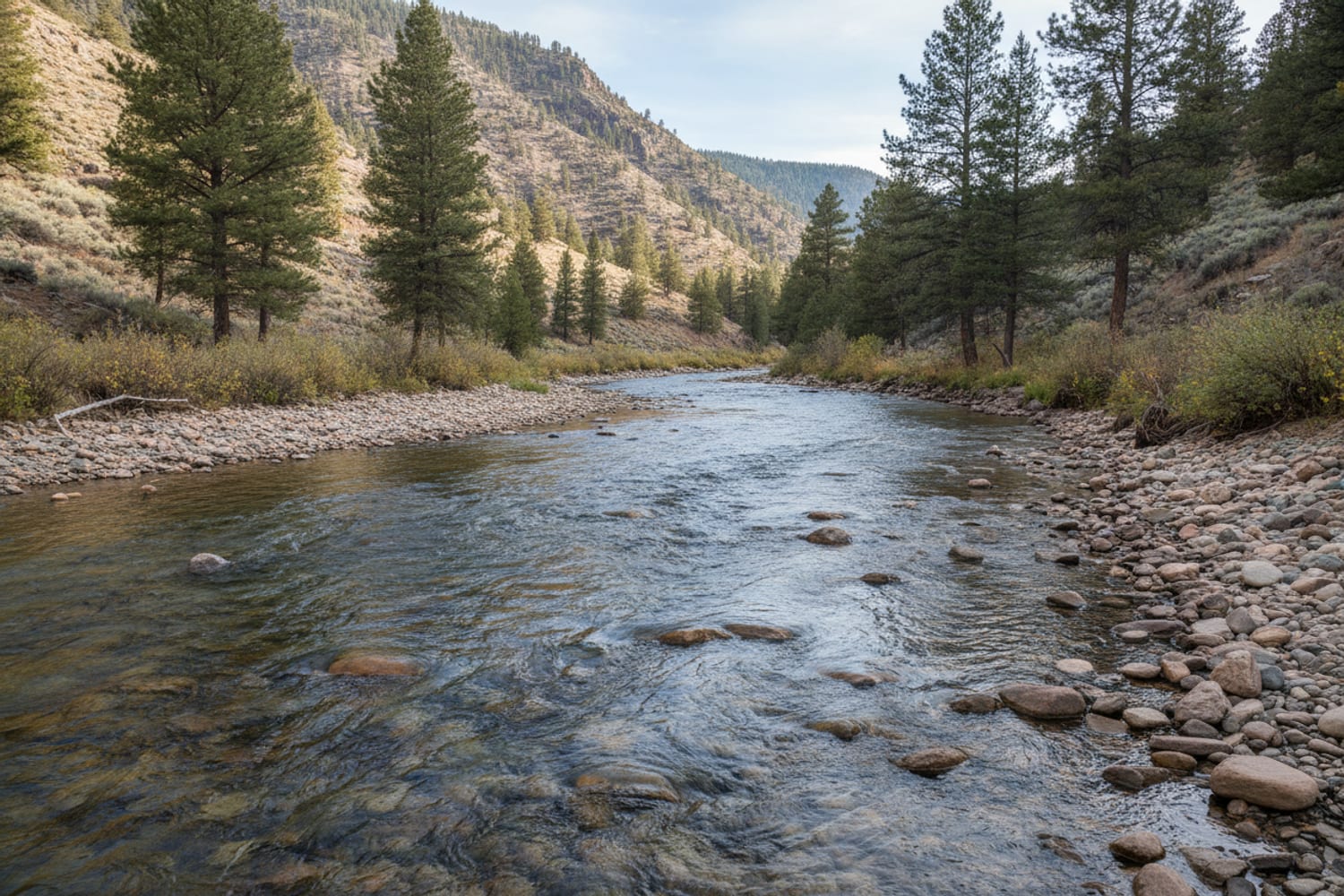 A clear South Platte tailwater run over cobble between low pine-dotted canyon slopes