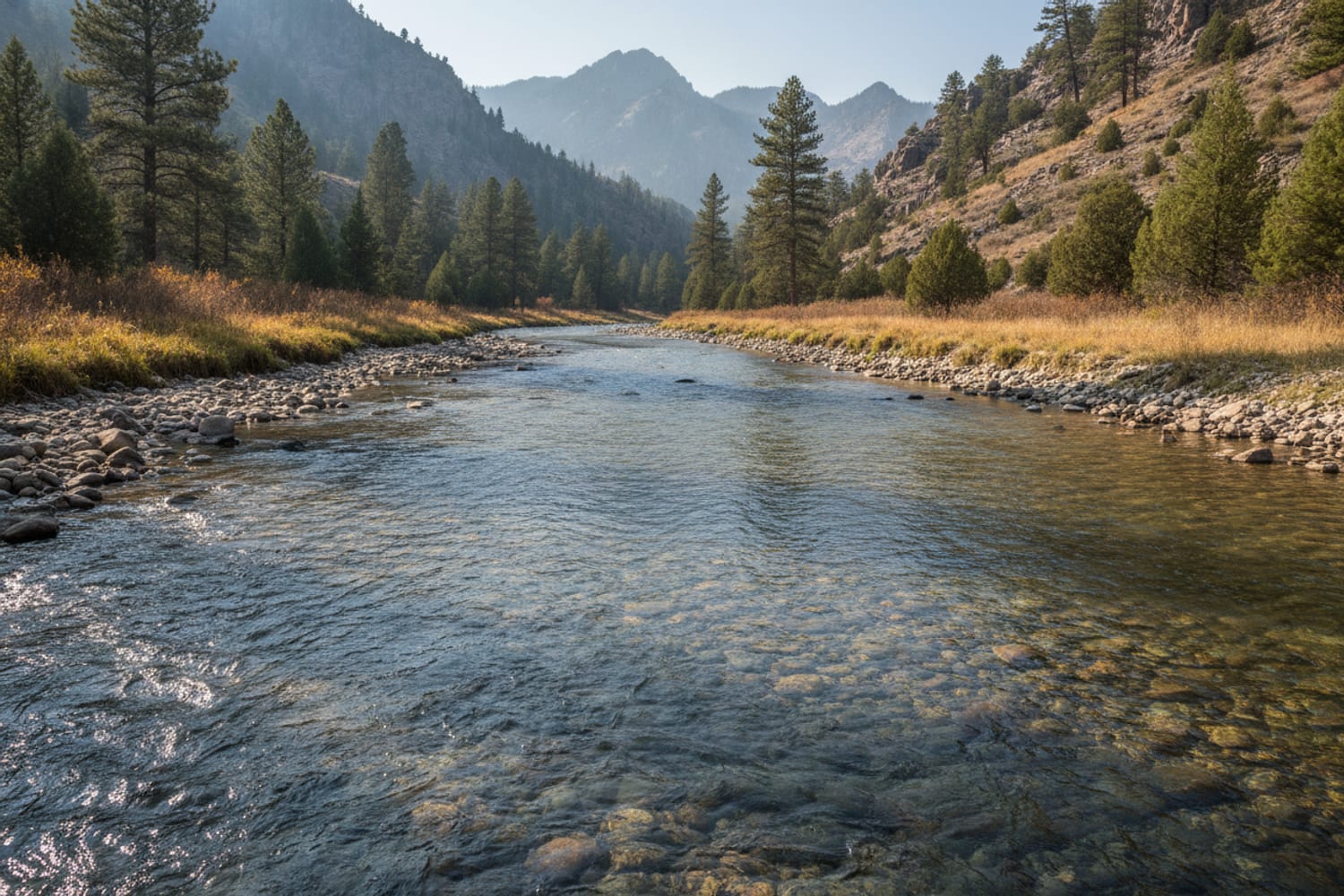 A clear South Platte tailwater run over cobble between low pine-dotted canyon slopes