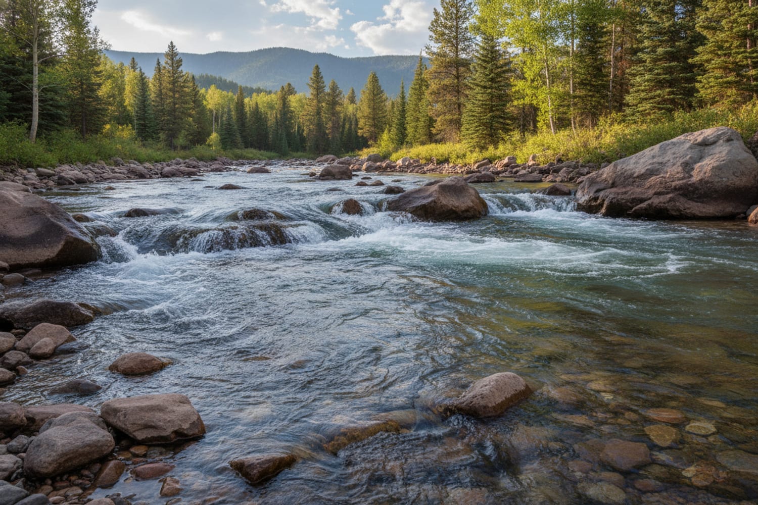 A fast clear South Platte run over cobble — Perdigon water