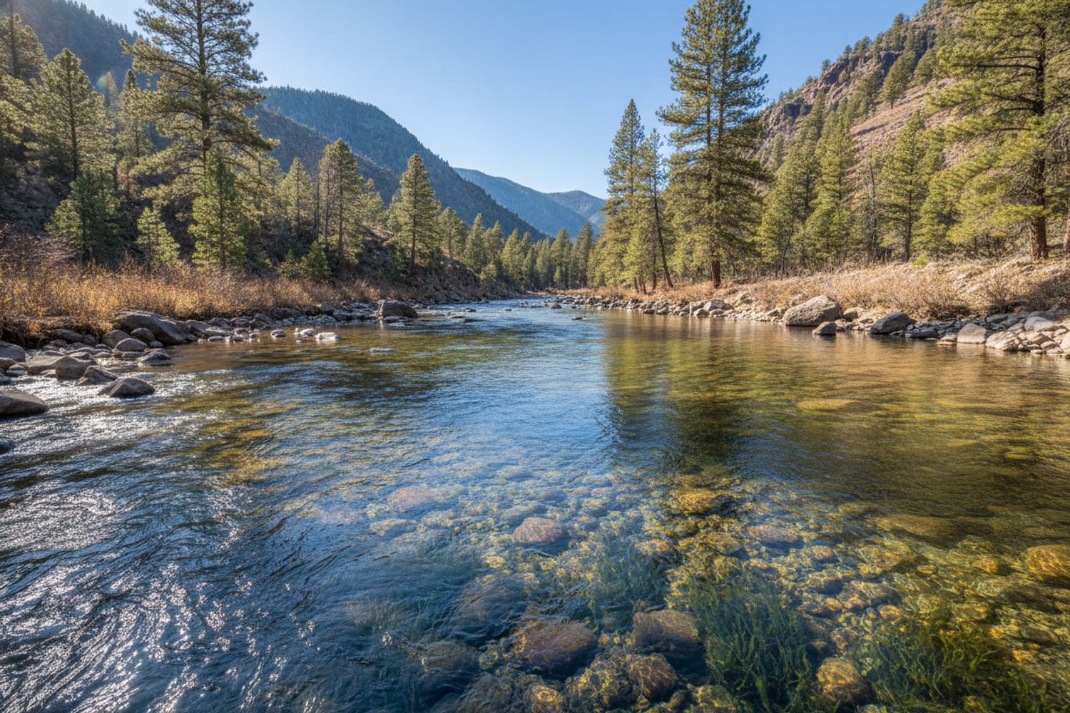 A clear South Platte tailwater run over cobble between low pine-dotted canyon slopes