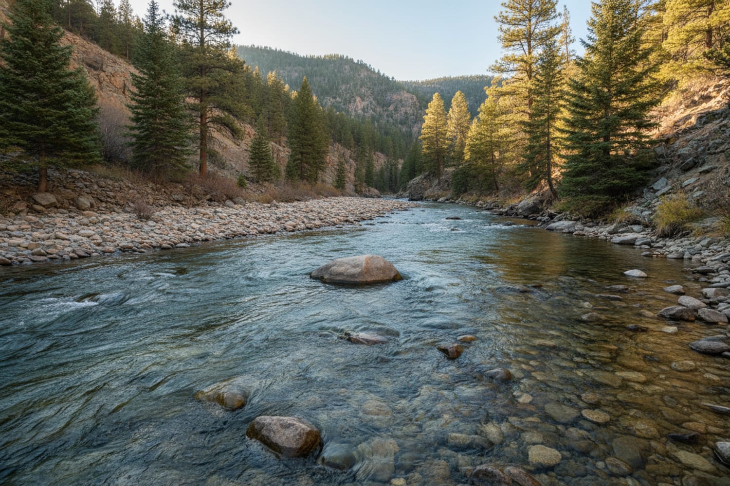 A clear South Platte tailwater run over cobble between low pine-dotted canyon slopes