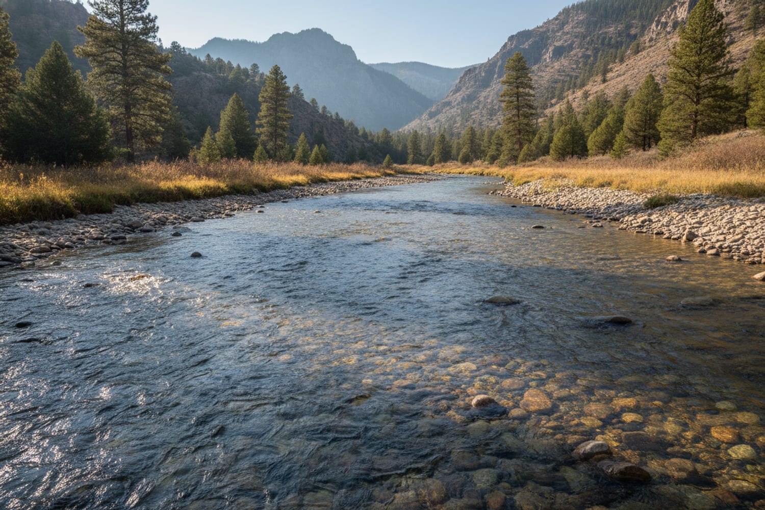 A clear South Platte tailwater run over cobble between low pine-dotted canyon slopes