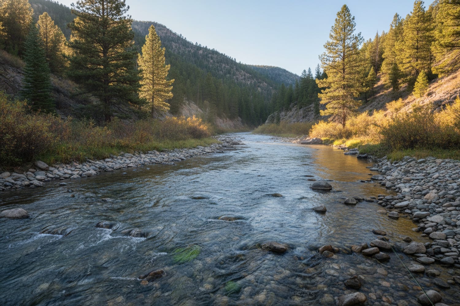 A clear South Platte tailwater run over cobble between low pine-dotted canyon slopes
