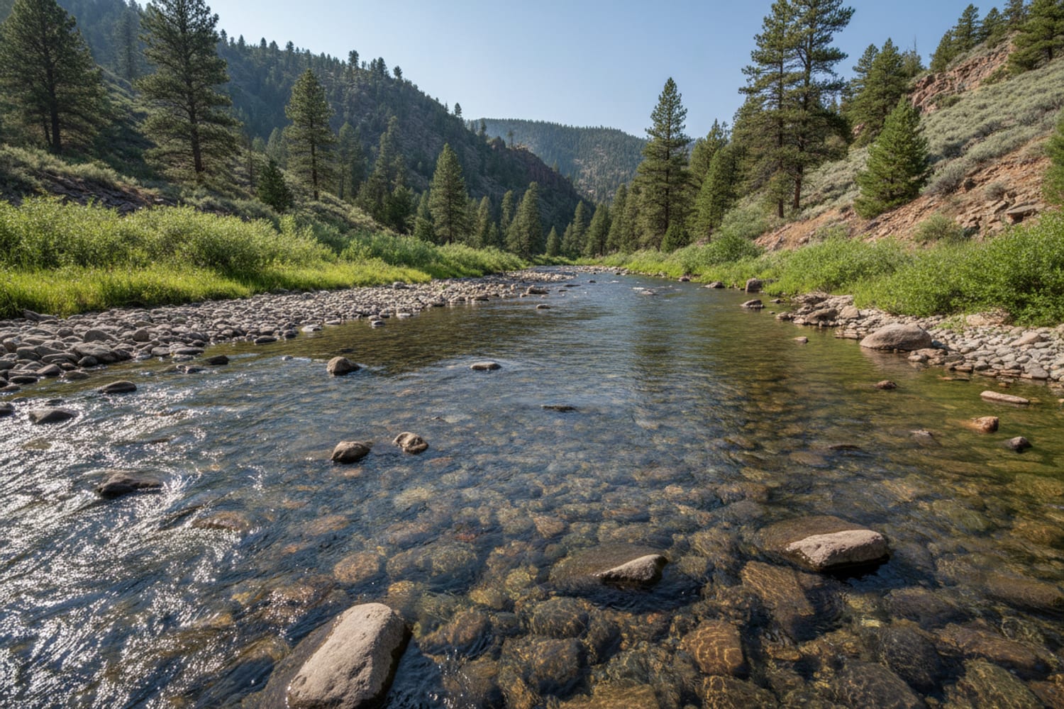 A clear South Platte tailwater run over cobble between low pine-dotted canyon slopes