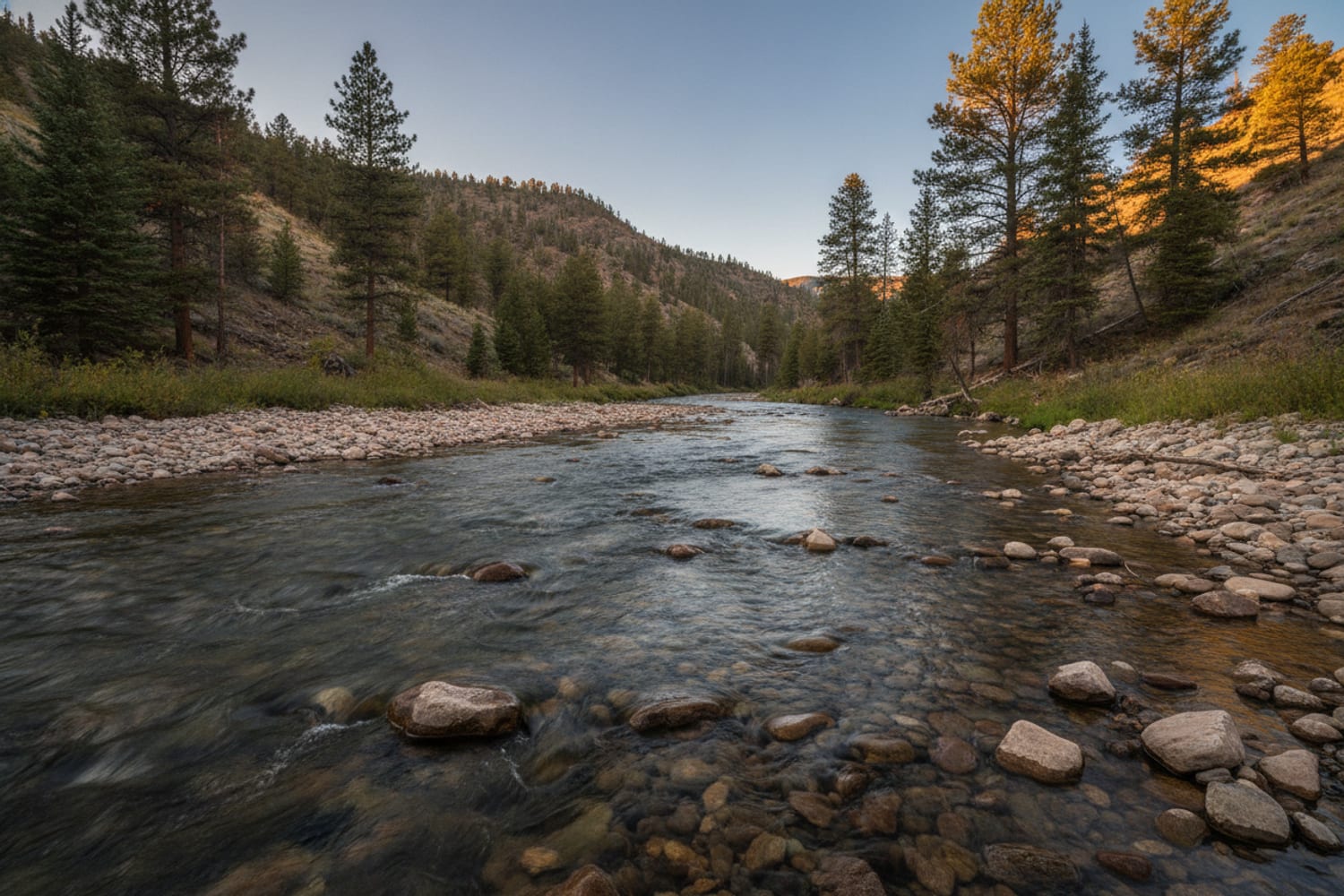 A clear South Platte tailwater run over cobble between low pine-dotted canyon slopes