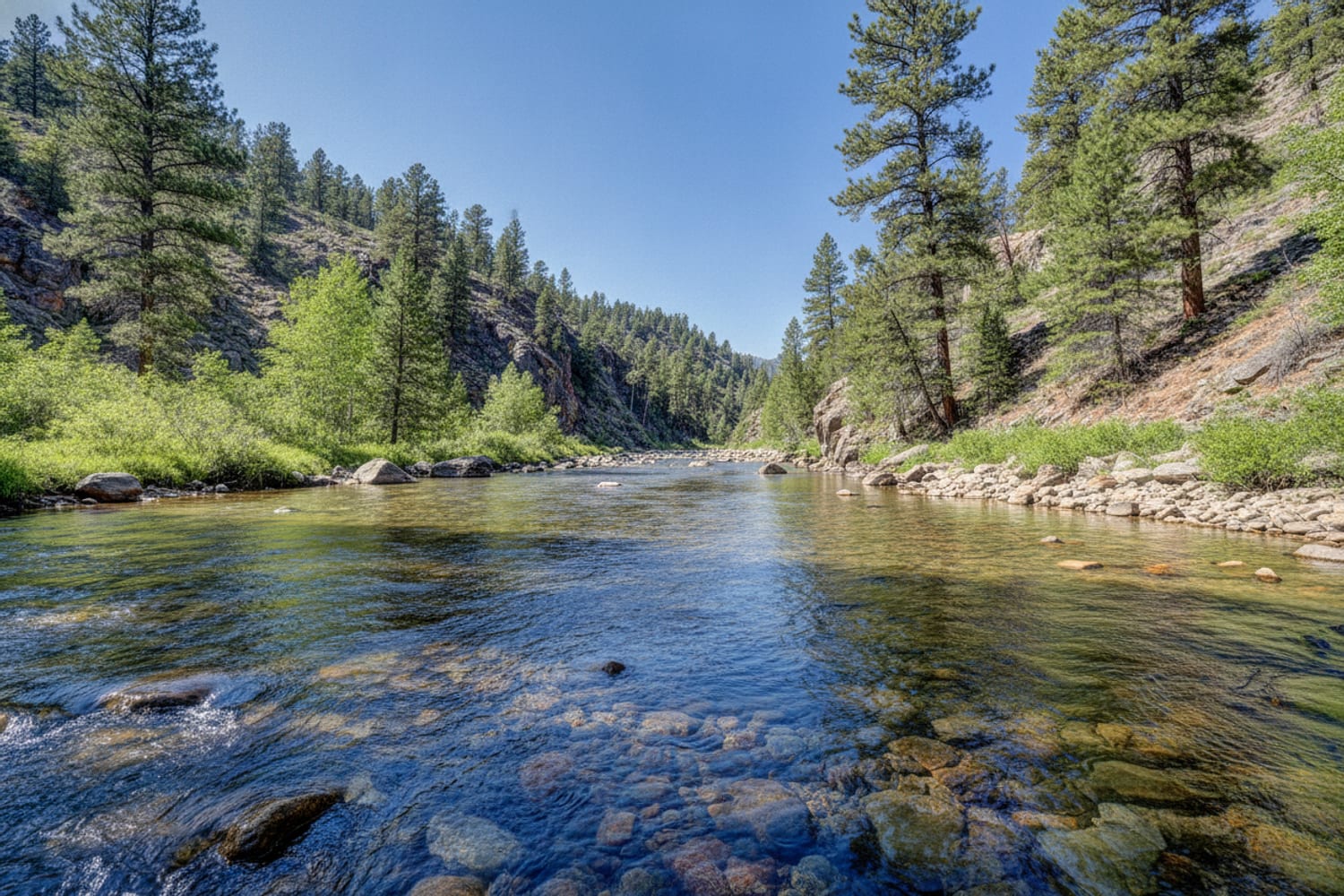 A clear South Platte tailwater run over cobble between low pine-dotted canyon slopes