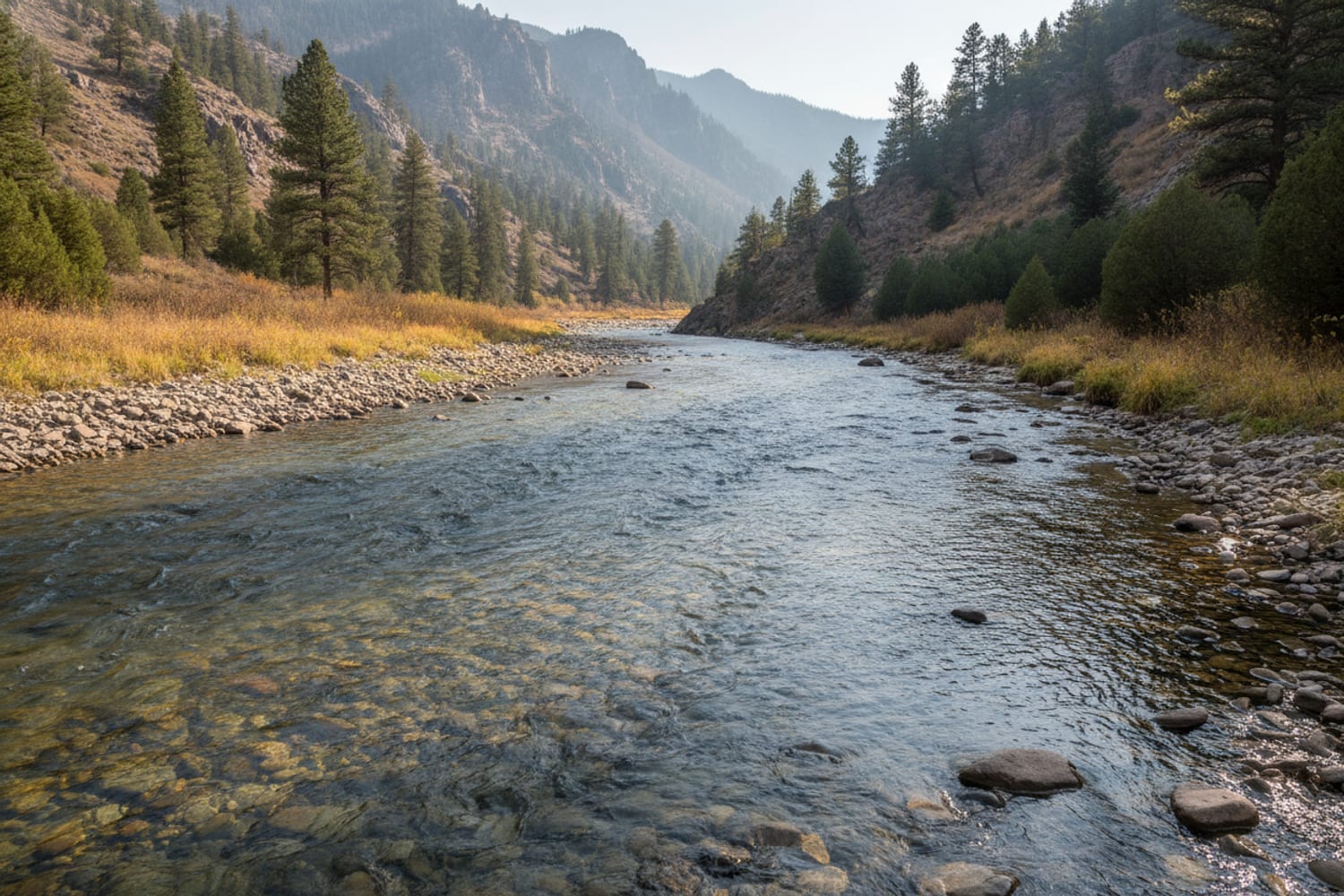 A clear South Platte tailwater run over cobble between low pine-dotted canyon slopes