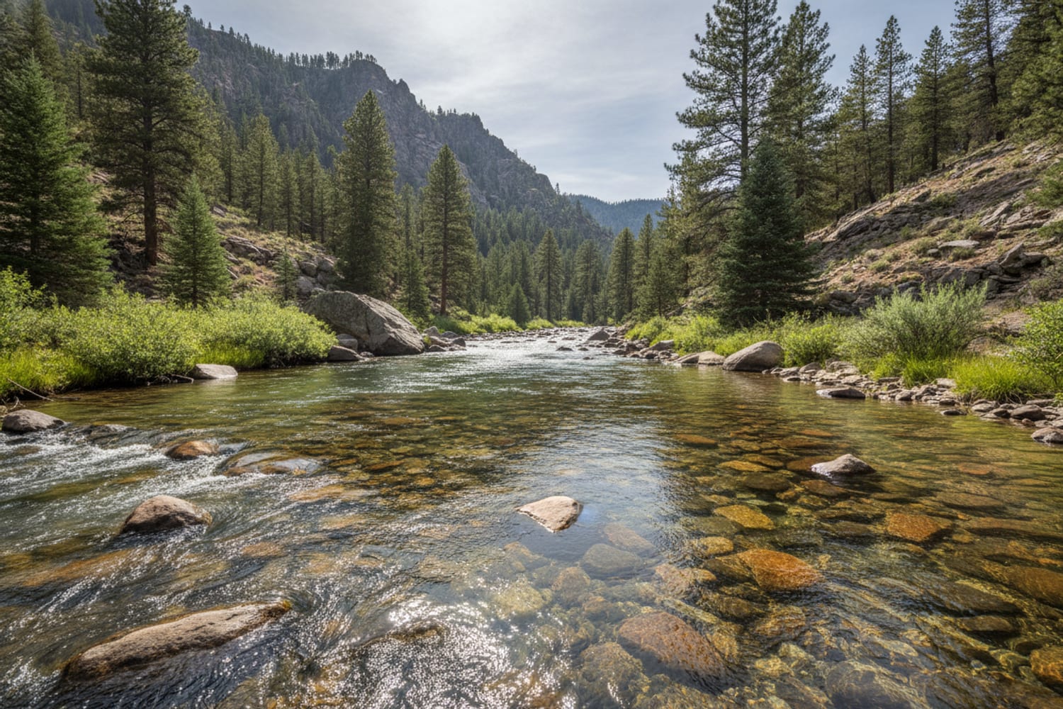 A clear South Platte tailwater run over cobble between low pine-dotted canyon slopes