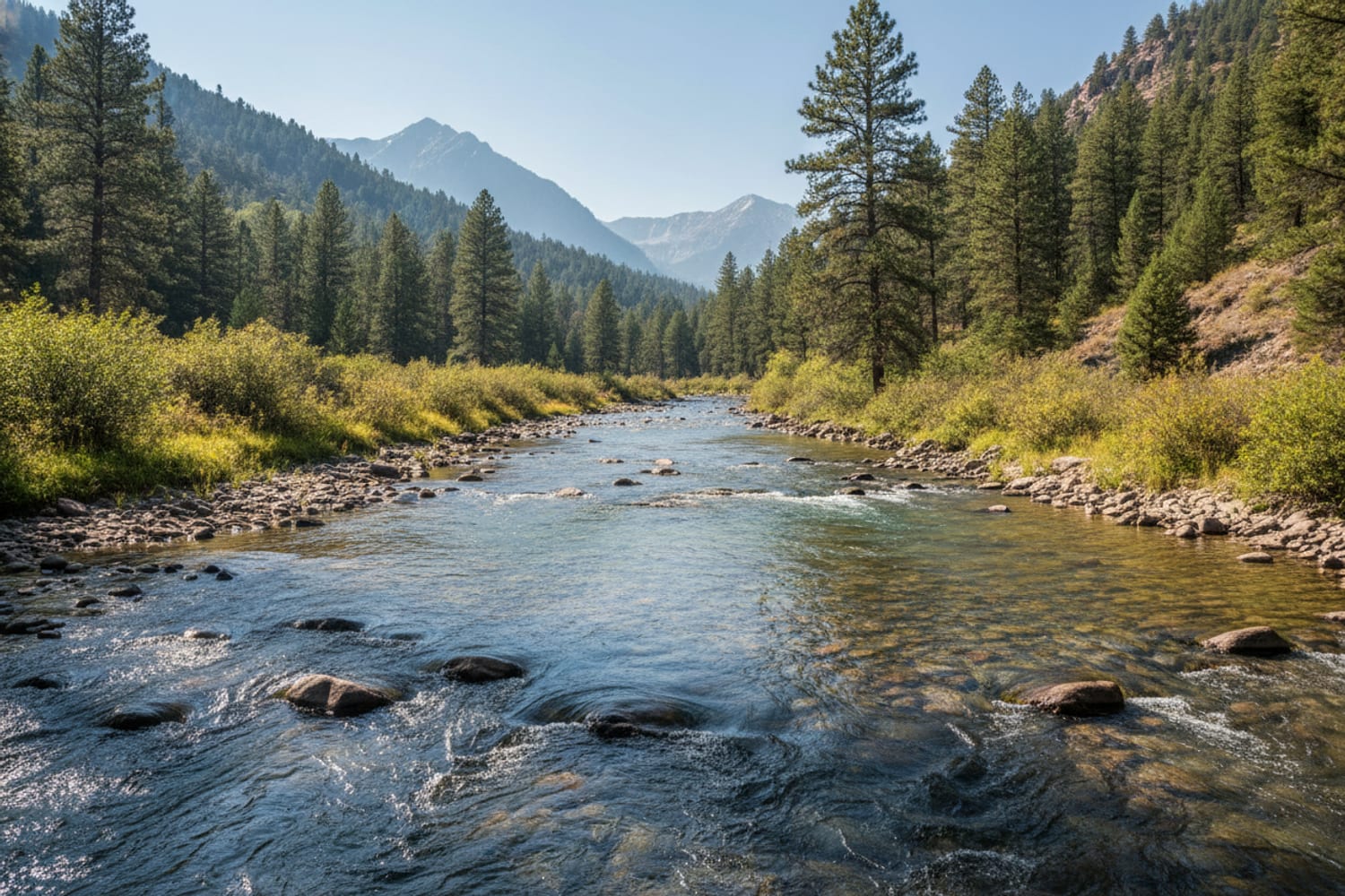 A clear South Platte tailwater run over cobble between low pine-dotted canyon slopes