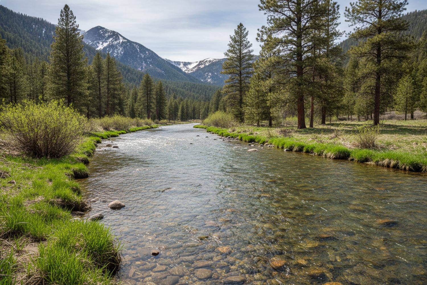 A South Platte tailwater in spring, fuller clear water over cobble, fresh green banks and ponderosa pines