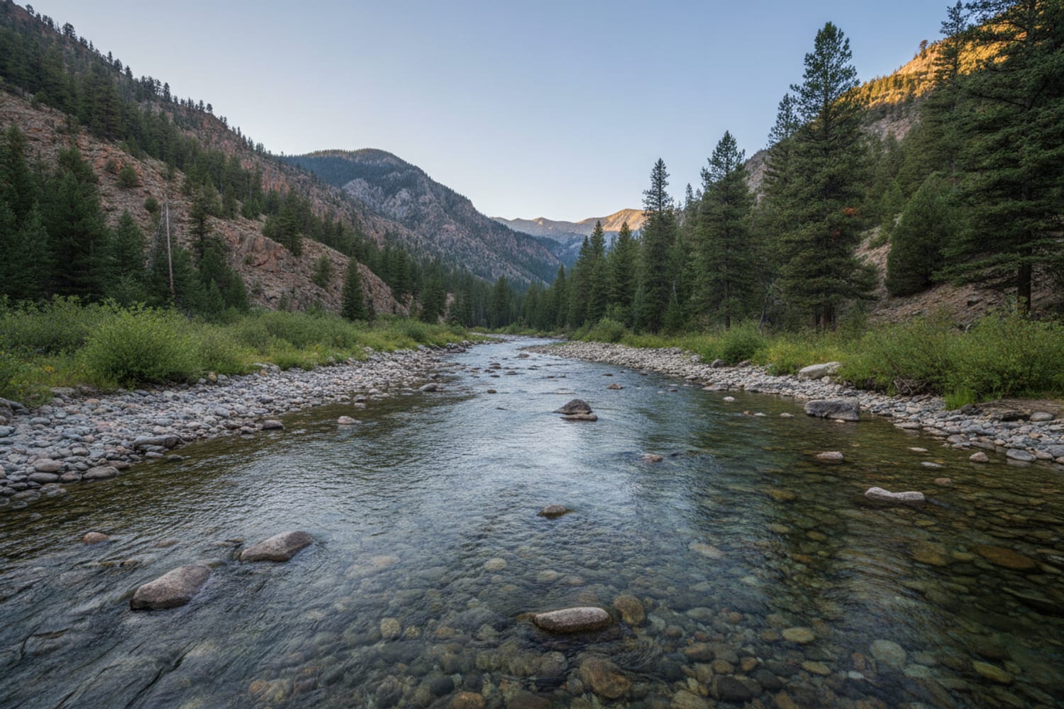 A clear South Platte tailwater run over cobble between low pine-dotted canyon slopes