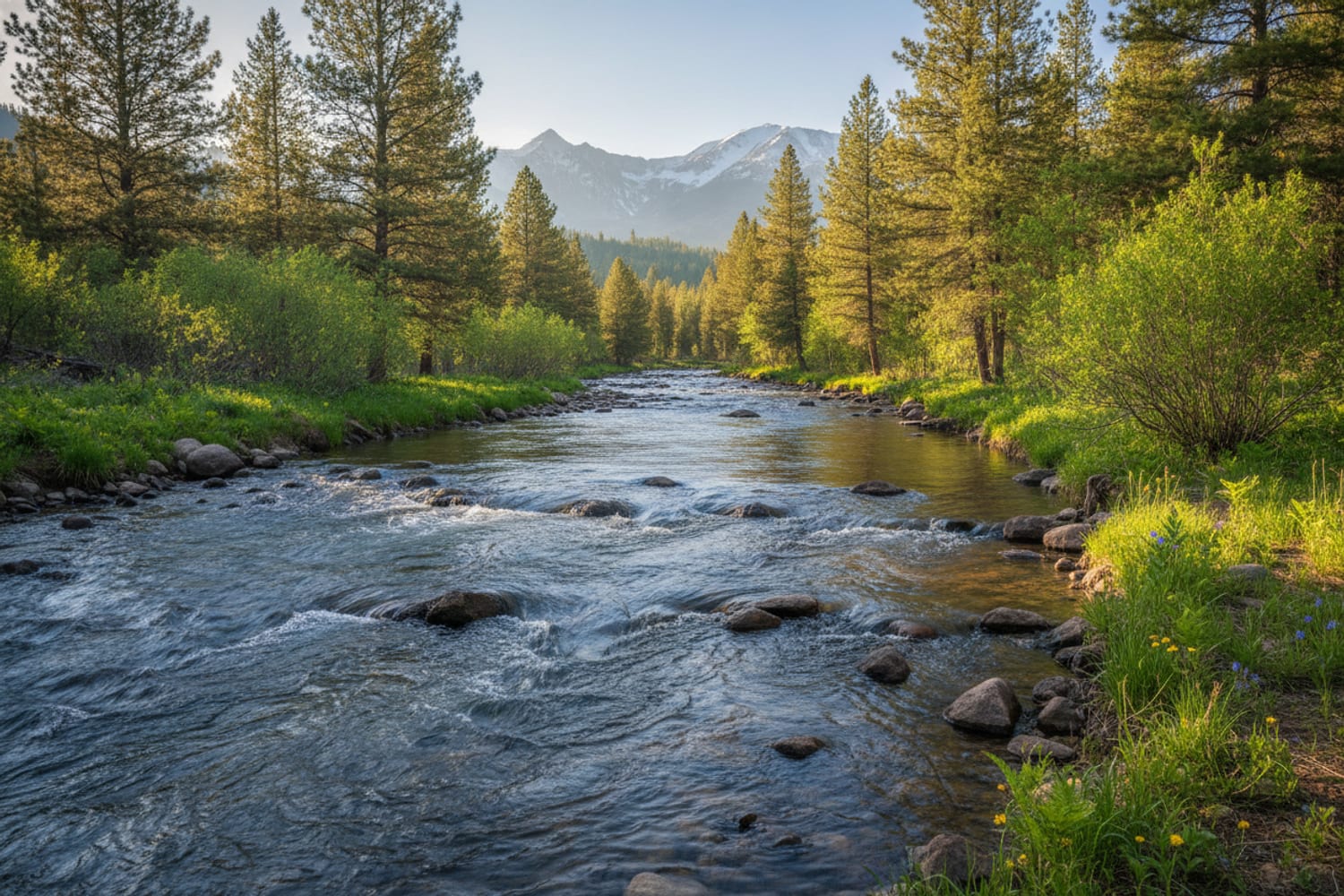 A South Platte tailwater in spring, fuller clear water over cobble, fresh green banks and ponderosa pines