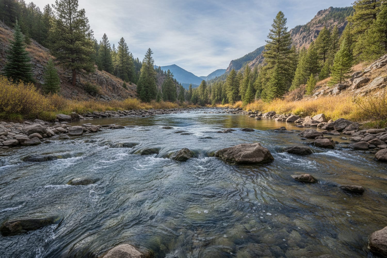 A clear South Platte tailwater run over cobble between low pine-dotted canyon slopes