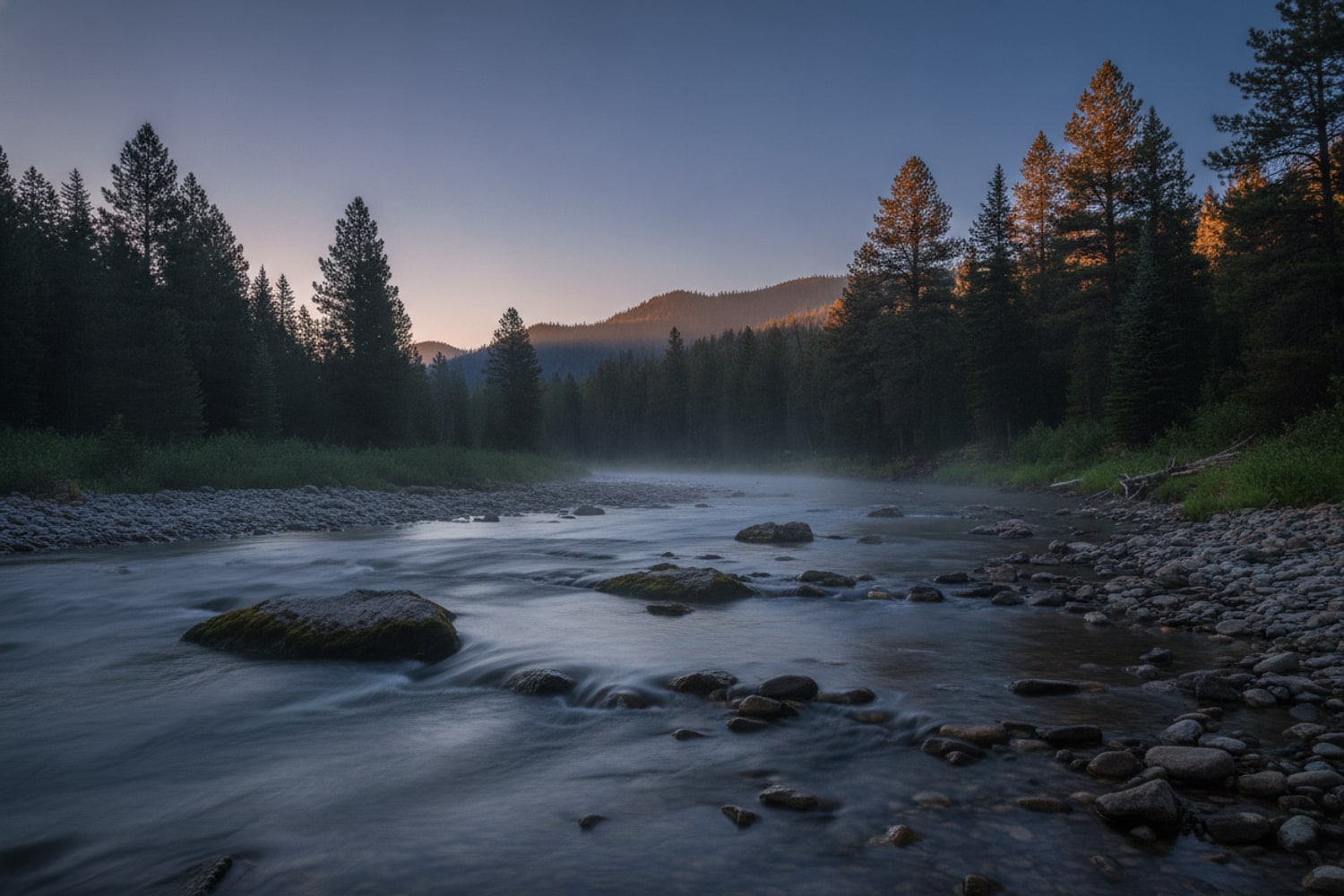 First light on a Rocky Mountain river, mist lifting off the water and alpenglow on the ridge behind it — the coldest hour of a summer day