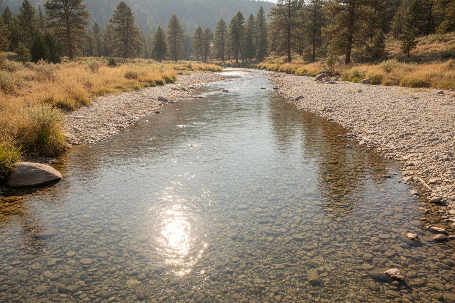 A Colorado tailwater running low, slow and clear over pale cobble on a hot late-summer afternoon, dry gravel bars exposed along both banks